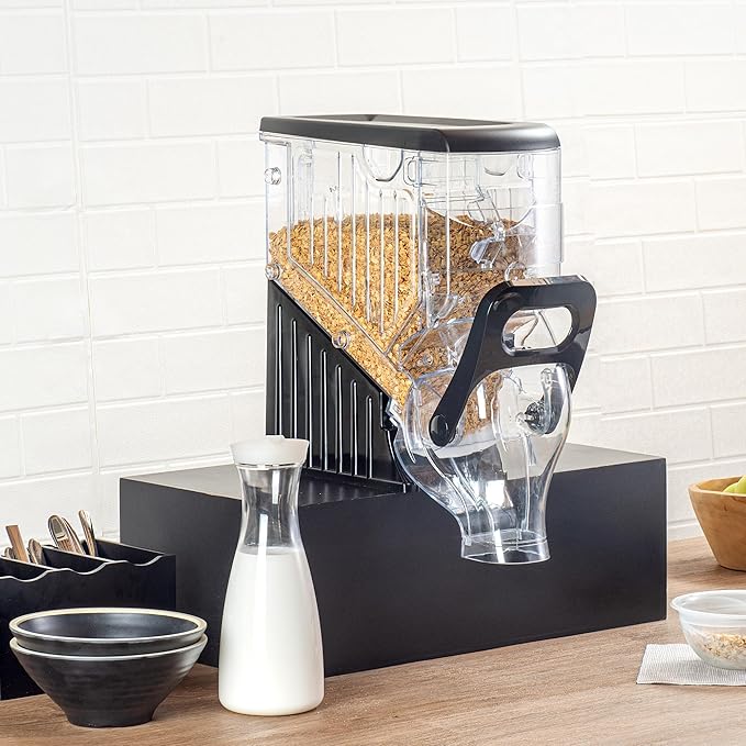 Restaurantware Cereal Dispenser 2 gal Plastic Gravity Bin Candy Dispenser Self-Serve Black Dry Food with Stand for Breakfast Buffet or Hotel Use