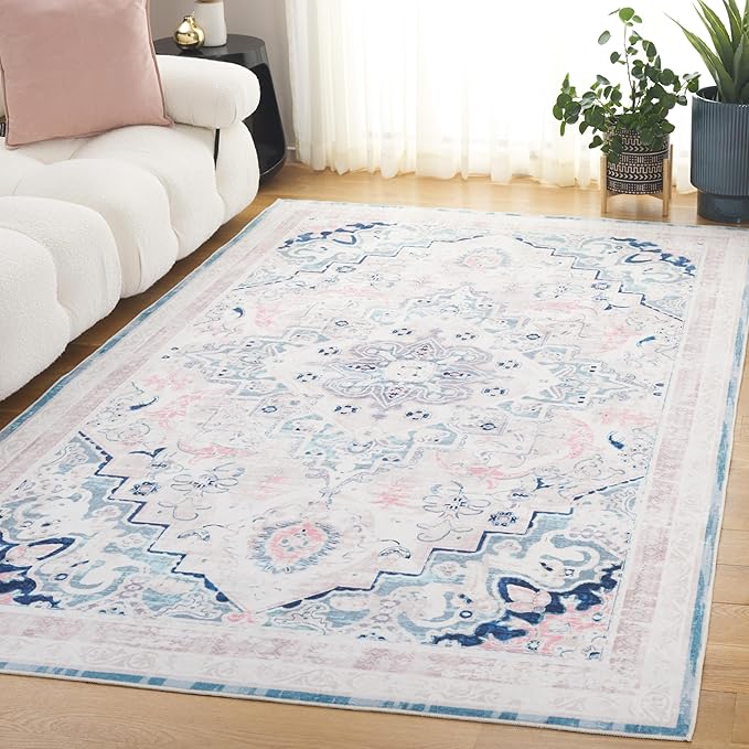 Safavieh Washable Rug Arizona Collection - 4' x 6', Ivory & Aqua, Slip Resistant & Easy to Clean, Ideal for Foyer, Kitchen, Nursery, Office, Bedroom (ARZ324A)