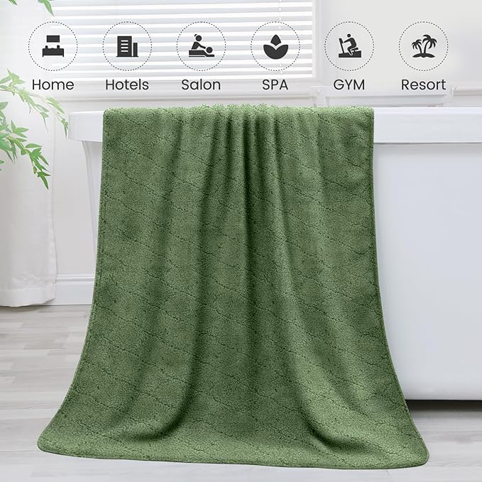 Pack of 4 Bath Towels, 30"x60", Large Microfiber Towel Set, Ultra Soft, Super Absorbent, Fast Drying, Perfect for Sauna, Shower, Pool, Sport, Travel, Fitness, SPA,Yoga, Coral Fleece-Olive-Green