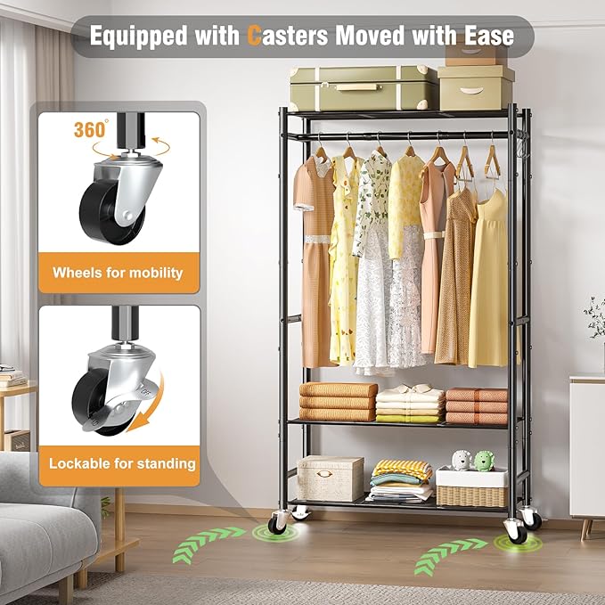 Rolling Clothes Rack for Hanging Clothes,Heavy Duty Garment Rack with 3 Tier Wire Shelves,Freestanding Portable Clothing Rack Wardrobe Rack, Black