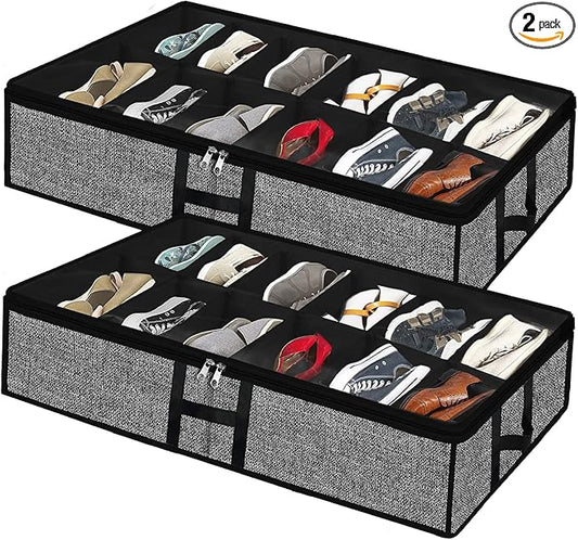 Under Bed Shoe Organizer Storage for Closet 2 Pack- Fits 24 Pairs Underbed Shoes Container Boxes with H Shap Sturdy Handles and Clear Window,Foldable Shoe Rack Holder,Black