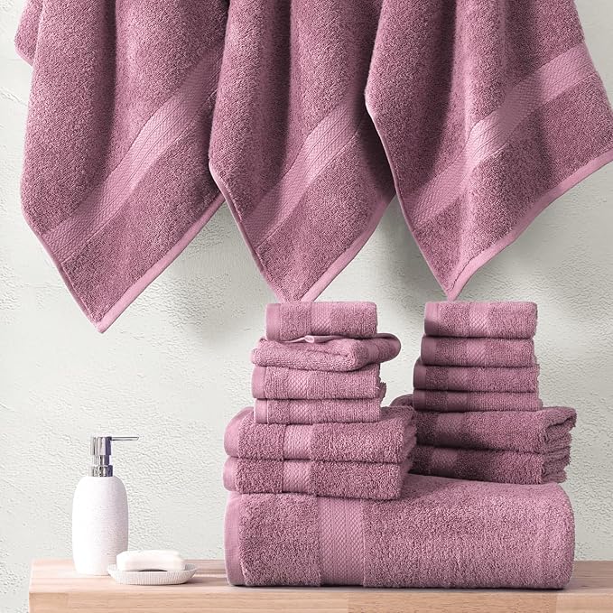 LANE LINEN 100% Cotton Towels for Bathroom - 18 Piece - Softer & Highly Absorbent - 4 Bath, 8 Wash Cloth, 6 Hand Towels - Perfect Family Set, Hotel Quality, Gentle on Skin - Wistful Mauve