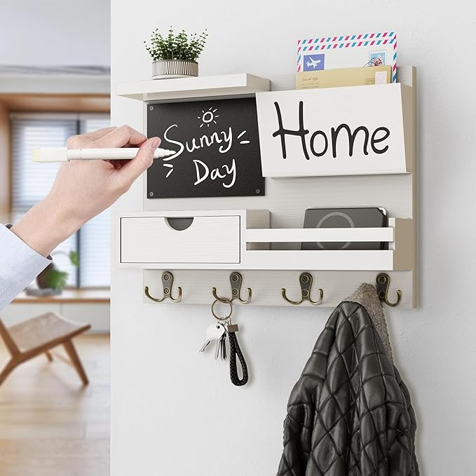 Farmhouse Key Holder for Wall with Mail Organizer - Easy Installation Wall Mount Organizer, Includes Chalkboard, Drawer, Wallet Holder & 4 Double Hooks, Ideal for Entryway, Quick Access - White