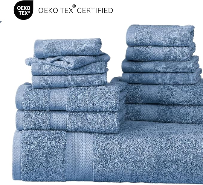 LANE LINEN 100% Cotton Bathroom Towels - 18 Piece Set - Super Soft, Quick Dry & Absorbent - 4 Bath, 8 Washcloths, 6 Hand Towels for Bathroom - Hotel Quality & Suitable for Family - Cerulean Blue