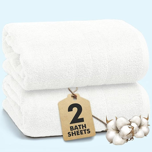 Bath Sheets – Extra Large Bathroom Sheet Set – Pack of 2 Jumbo Towels White (71x35in) – 100% Cotton Soft Quick Dry Large Bath Towels for Adults Hotel Spa Bathroom Use
