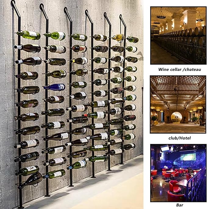 Wine Rack Wall Mounted, 72.8in High Metal Wine Bottle Holder for 12 Bottles, Kitchen Organization and Wine Storage for Commercial Restaurants Pantry Bar Wine Cellar (Gold, Three rows-36 Bottles)