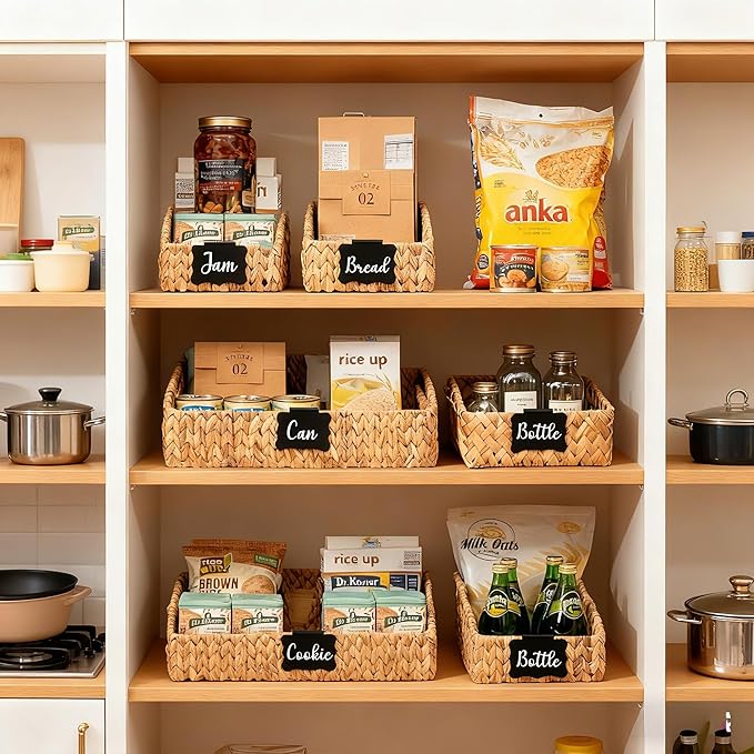 Pantry Organizers Labeled Storage Baskets for Organizing with Handles, Large Wicker Storage Baskets for Shelves,Kitchen, Water Hyacinth Storage Bins, Boho Decorative, 3Pack,Natural