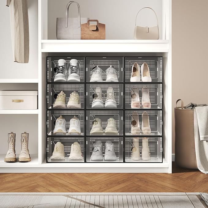 DUMOS Clear Shoe Storage Boxes, 15-Pack Plastic Stackable Shoe Containers with Lids, Display Sneaker Case Organizer for Closet, Under Bed, Entryway,Black (Fit Size 11)