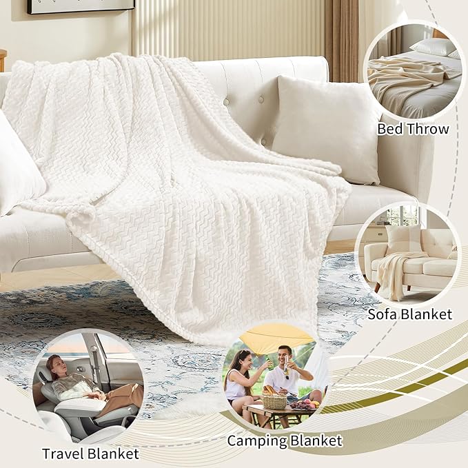 6 Pack Fuzzy Throw Blanket, 50 * 60 Inch 3D Ribbed Jacquard Fleece Blanket, Flanne Ripple Pattern Throw Blankets for Wedding, Soft Room, Gift(White)