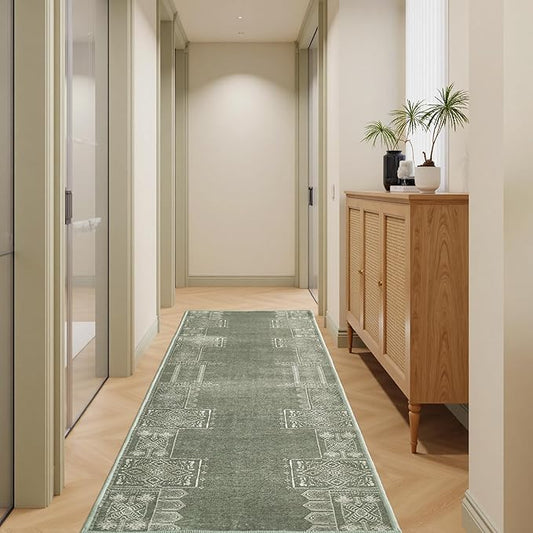 NICETOWN Sage Green Kitchen Runner Rug, 2x8 Hallway Carpet, Ultra-Thin Foldable Runner Rug Green Boho Coverings for Entryway Laundry Bedroom