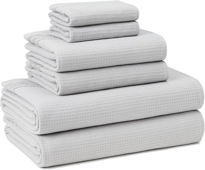 Town & Country Basics 6-Piece Assorted Waffle Woven Terry Stripe Set, 2 Bath Towel, 2 Hand Towel, 2 Washcloth, 100% Cotton, Quick Dry, Gray
