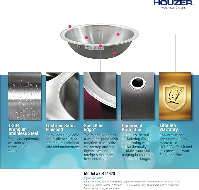 Houzer Opus Stainless Steel Bathroom Sink - 16 Inch Drop-In Undermount Round Bowl with Overflow Drain Assembly, Durable & Versatile, Essential for Home & Apartment, Nested 5-Pack - CRTO-1620-5
