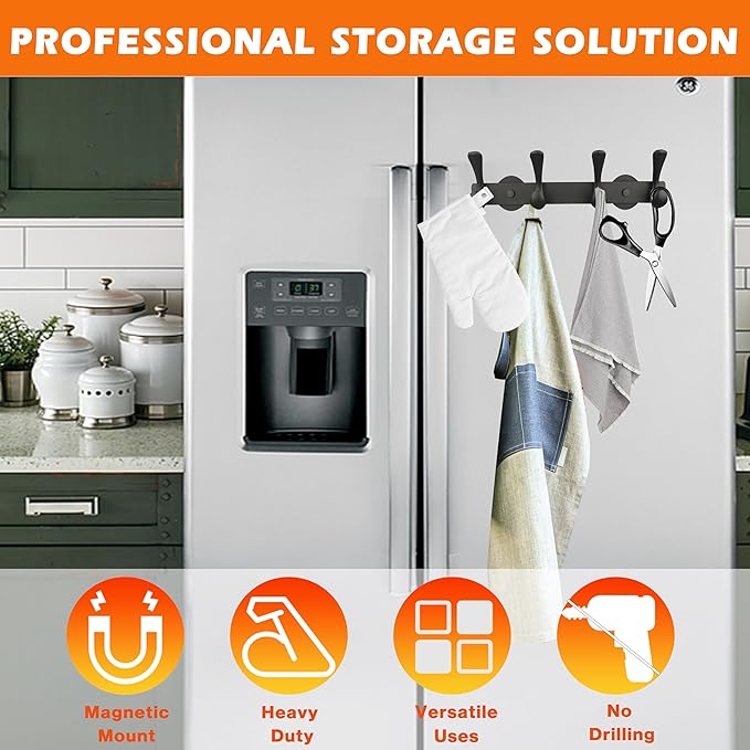 ULIBERMAGNET Strong Magnetic Double Hooks Rack,Heavy Duty Coat Magnetic Rack,Strong Rubber Magnetic Hanger with 4 Hooks for Refrigerator,Metal Cabinet,Hanging Coat, Towel, Bag, Backpack