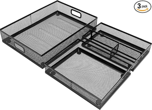 Office Drawer Organizer 3 Pack, Office Supplies Desk, Black Mesh Drawer Organizer Hold Pens & A4 Sized File, 12 x 9 Inches Visit the Store