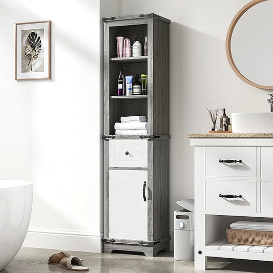 63 Inch Tall Corner Cabinet, Modern Corner Storage Cabinet with Door & Adjustable Shelves & Drawers, Anti-Tipping Free Standing Linen Tower for Bedroom, Bathroom, Kitchen, Pantry (Grey)