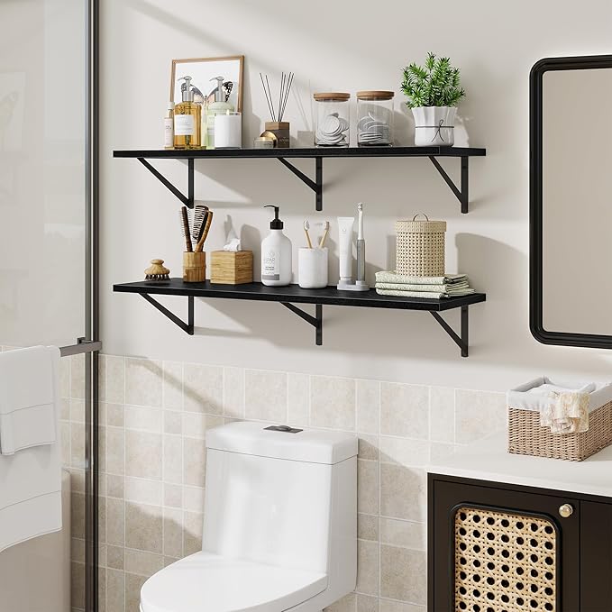 Floating Shelves for Wall,40" Wall Mounted Shelves Set of 2,Long Wood Floating Shelves,Hanging Wide Display & Storage Shelf with Metal Brackets for Bathroom,Bedroom,Kitchen,Living Room,Black
