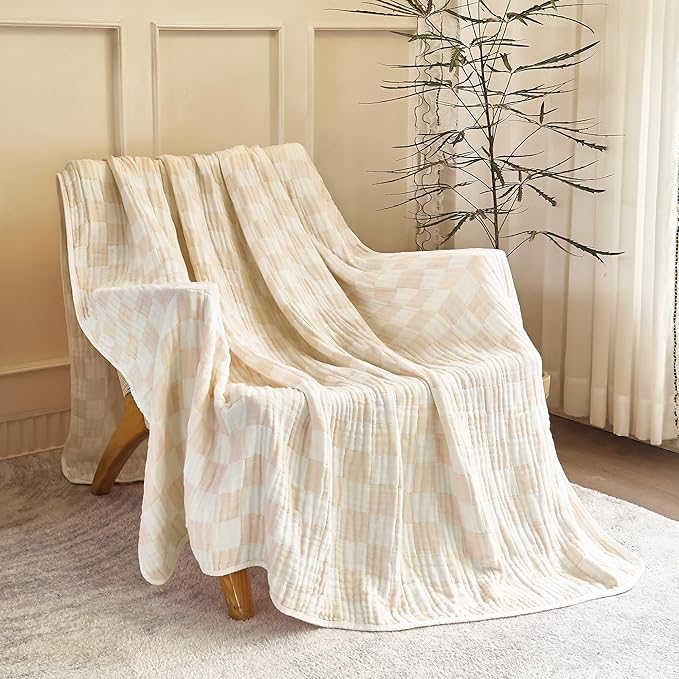100% Cotton Muslin Blanket Cream Checkerboard 6-Layer Gauze King Bed Blanket Lightweight Soft and Breathable Blanket for Couch Bed Coverlet (Cream Checkerboard, King)