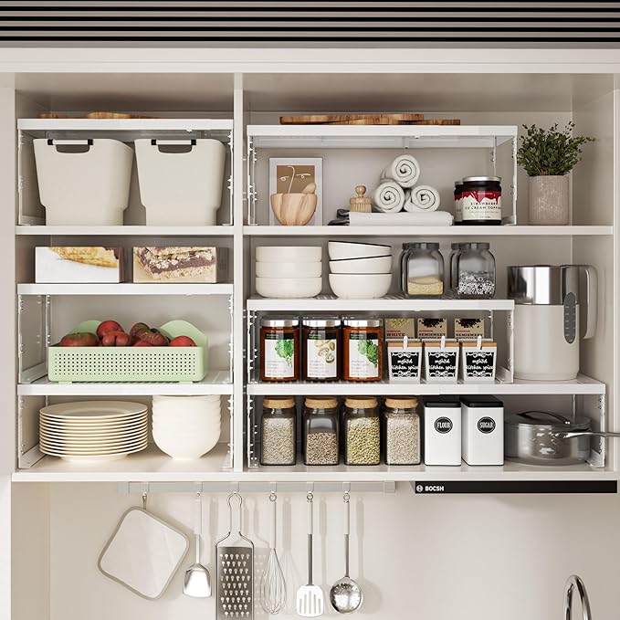 Adjustable Stackable Metal Storage Shelf Organizer - Expandable Wire Rack with Perforations for Kitchen, Pantry, Bathroom, Cabinet & Office-Compact, Durable & Sturdy (2PACKS/Medium/White)