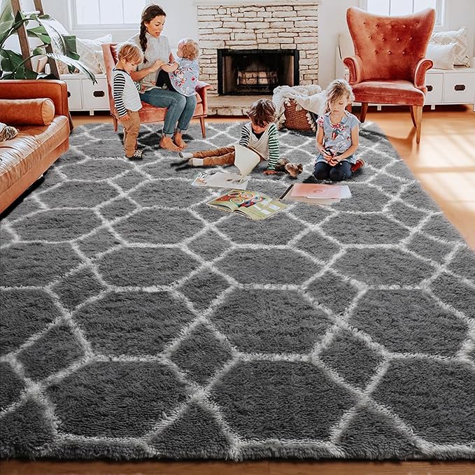 ONASAR Area Rugs for Bedroom Living Room, 4x6 Fluffy Grey and White Floor Rug, Shaggy Geometric Soft Plush Fuzzy Carpet for Nursery Teen Playroom Dorm Office Home Decor Aesthetic