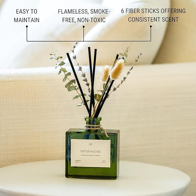 Reed Diffuser with Dried Flowers - Santal Woods Scent for Home & Bathroom