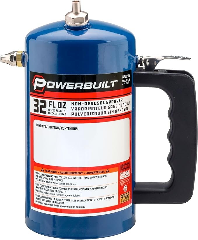Powerbuilt 1 Quart Refillable Non-Aerosol Pressurized Sprayer for Oil, Lubricants, Degreasers - 32oz Canister w/Brass Nozzles & Stainless-Steel Corrosion Resistant Core, 2 Pack Blue & Red - 643102ECE