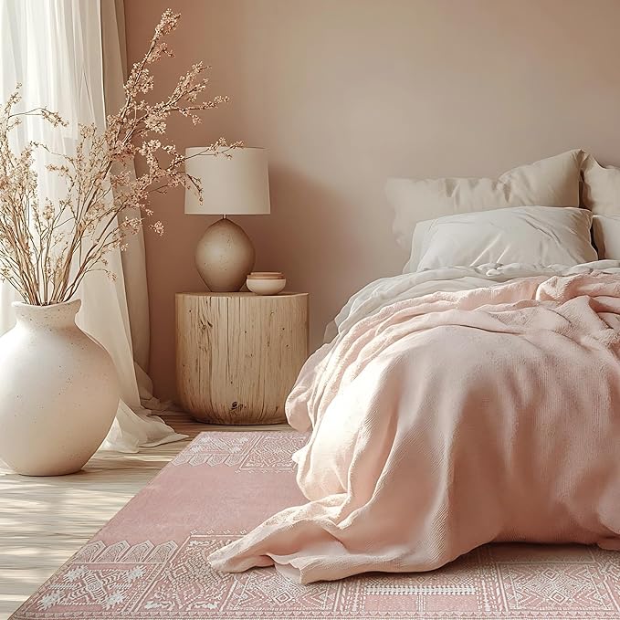 NICETOWN 8x10 Large Washable Pink Area Rug - Boho Non-Slip Folable Rug Stain Resistant Oriental Medallion Living Room Carpet for Girls Room Kitchen Laundry Bathroom Bedroom, Light Pink