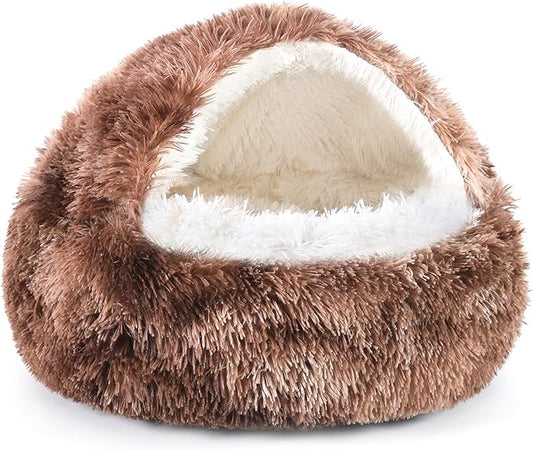 NOYAL Round Hooded Donut Dog Bed for Small & Medium Pets - Plush Fluffy Anti-Anxiety Cat Cave Bed with Cover