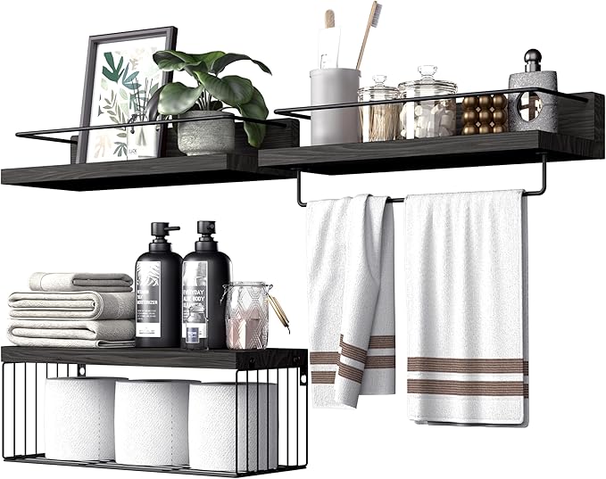 Bathroom Shelves Over Toilet for Wall, Floating Shelves with Storage Basket Paper Holer for Kitchen Living Room, Bedroom & Classroom, Set of 3 (Black)