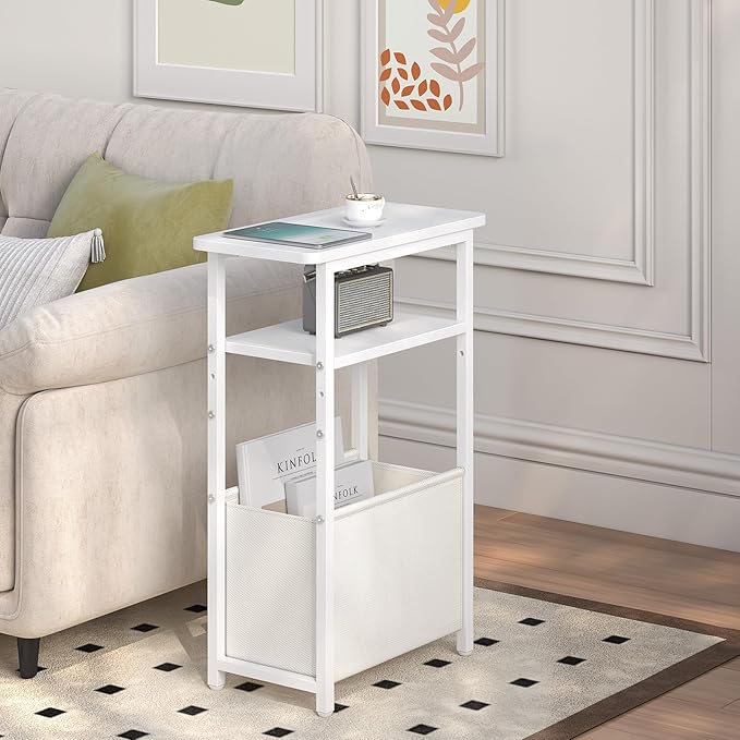 Narrow Side Table, Skinny End Tables with Fabric Basket, Small Side Tables for Small Space, 2-Tier Open Shelves with Basket, Slim Nightstands for Bedroom,Living Room,Office, White