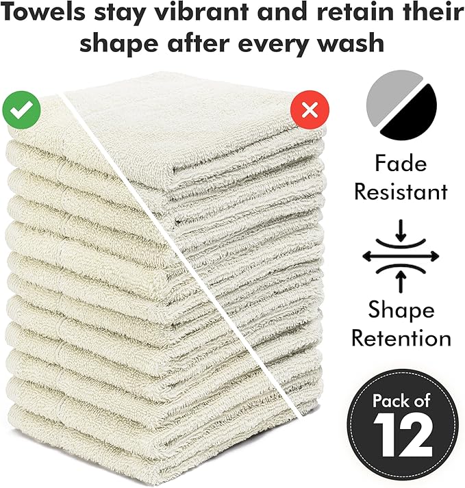 Face Towels Pack of 12 – 100% Cotton Wash Cloths (12x12 inch) – Soft, Quick Dry & Highly Absorbent Hand Towels for Bathroom, Spa, Gym, Kitchen and for Daily Use - (Ivory)