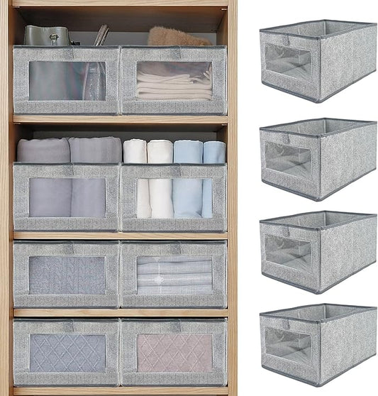 6 Pieces Linen Closet Storage Bins with Clear Window, Shelf Basket Closet Clothes Organizer Storage Containers for Organizing Shelves Wardrobe Office Clothing Books