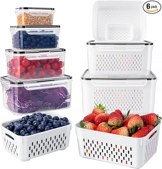 Freshmage Fruit Storage Containers for Fridge with Removable Colander, Airtight Food Storage Container, Dishwasher Safe Produce Saver for Refrigerator, Keep Berry Fruit Fresh Longer 6 pcs Large Clear