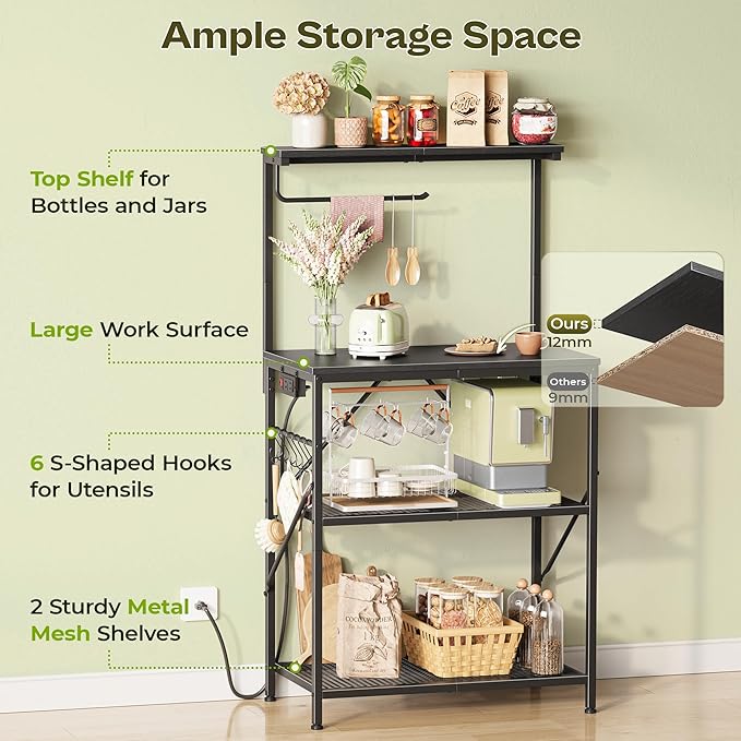 Huuger 4-Tier Bakers Rack with Reversible Power Outlet, 23.6 Inch Microwave Stand with Paper Towel Holder, Kitchen Bar, Larger Storage with Top Shelf, 6 S Hooks, Black