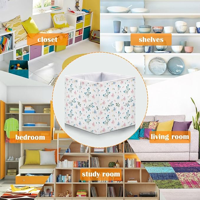 Bolaz Wild Flower Blue and Pink Mood Closet Organizers Storage Cubes Storage Bins Shelf Baskets Containers for Home Kids Room Toys Office,Rectangle