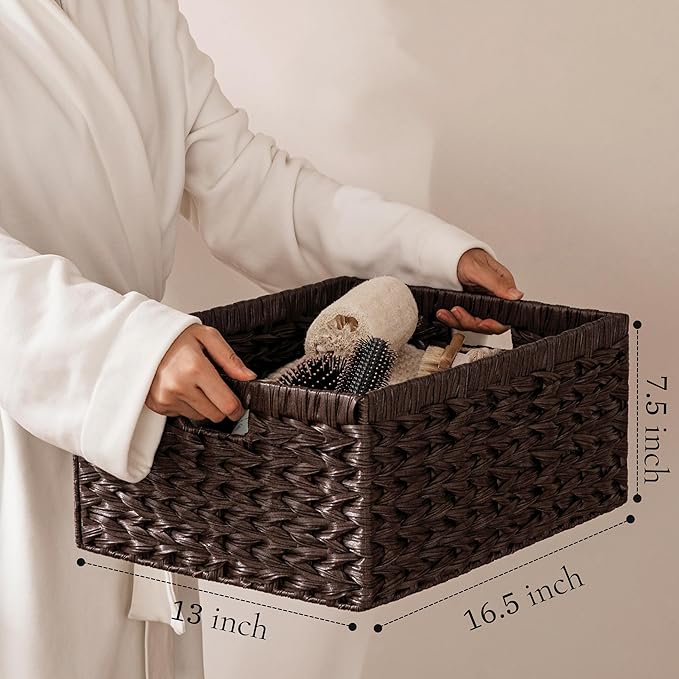 Storage Baskets with Label — Wicker Pantry Baskets for Shelves, Waterproof Woven Basket for Organizing, 2-Pack Plastic Rectangle Organizers with Handles, Dark Brown (16.5L×13W×7.5H)