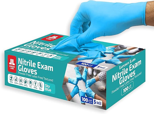 Sky Blue 5 Mil Nitrile Exam Gloves Disposable Latex Free | Medical Rubber Gloves for Doctors, EMT, First Aid Kit, Food Service & Cleaning | Bulk Nitrile for Mechanics (100 CT) - Large