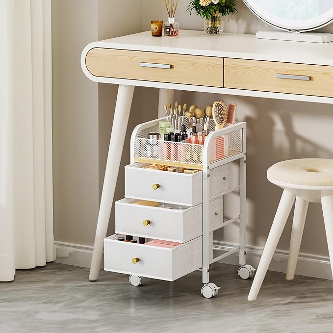 SWTYMIKI Rolling Makeup Organizer Cart - Floor Skincare Make Up Storage with 3 Non-woven Drawers, Vanity Organizer Cosmetic Display Cases Cabinet for Skin Care Perfume Nail Polish Brush Hair Tool