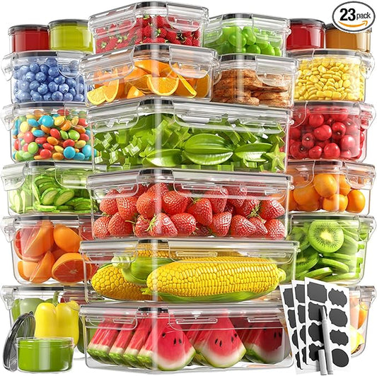 46 Piece Food Storage Containers with Lids(23 Containers & 23 Lids), BPA-Free Plastic Food Containers for Kitchen Storage and Organization, Leak Proof Meal Prep Container, Includes Labels & Pen