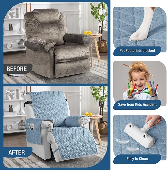 TAOCOCO 100% Waterproof Recliner Cover - Recliner Cover with Non-Slip Granule, Recliner Chair Covers with Elastic Band, Recliner Chair Covers for Reclining Chair(Light Blue,Oversized-30'')