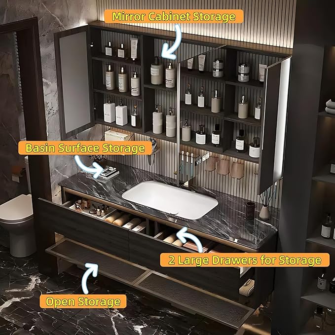 48in Luxury Bathroom Vanities - Bathroom Vanity with Sink, Wall-Mounted Storage with 2 Large Side Cabinets Intelligent Defogging & Led Lights | Multi-Layer Solid Wood