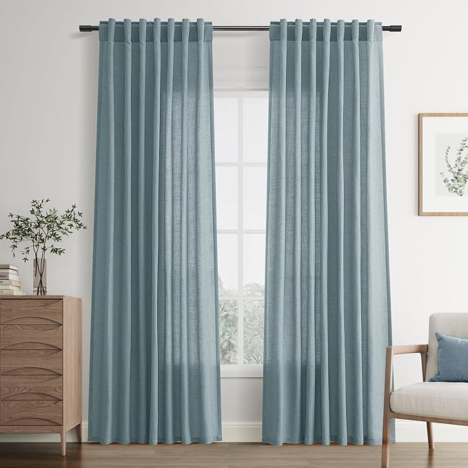 Joywell Light Blue Back Tab Rod Pocket Linen Curtains 84 Inches Long 2 Panels for Living Room Bedroom Neutral Boho Farmhouse Rustic Light Filtering Semi Sheer Curtains Window Treatment 52x84