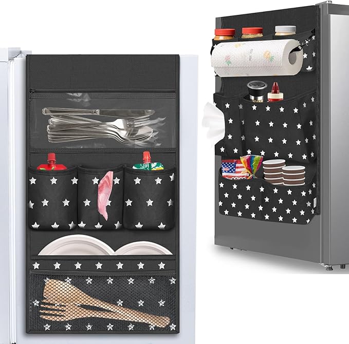 Dorm Room Essentials Mini Fridge Organizer, Hanging Over Fridge Storage Organizer, College Caddy with 14 Pocket for Office, Kitchen, Home, School (Black)
