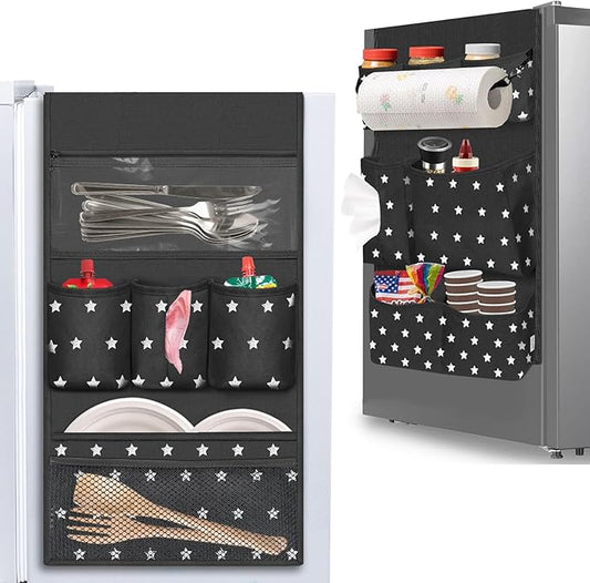 Dorm Room Essentials Mini Fridge Organizer, Hanging Over Fridge Storage Organizer, College Caddy with 14 Pocket for Office, Kitchen, Home, School (Black)
