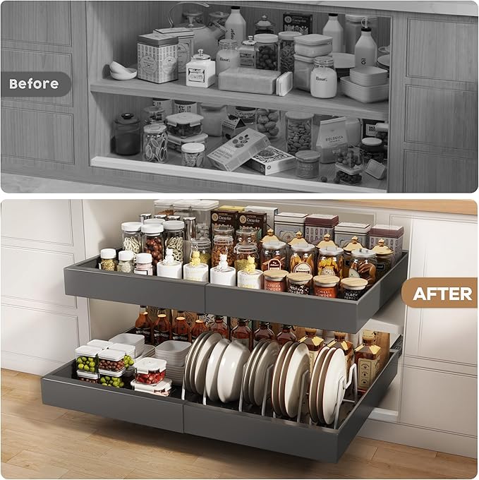4 Pack Pull out Cabinet Organizer 21" Deep With Raising Pad for Framed Cabinets,Expandable (15.2"-26.3"W) Slide out Drawers for Kitchen Cabinets with 4pcs Divider Racks,Roll out Shelves,Black