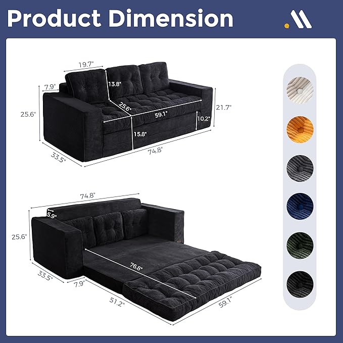 MAXYOYO Convertible Sofa Bed, Pull Out Oversized Loveseat Sleeper Sofa, Fold Out Floor Couch with Pillows for Living Room Bedroom Lounge, Black