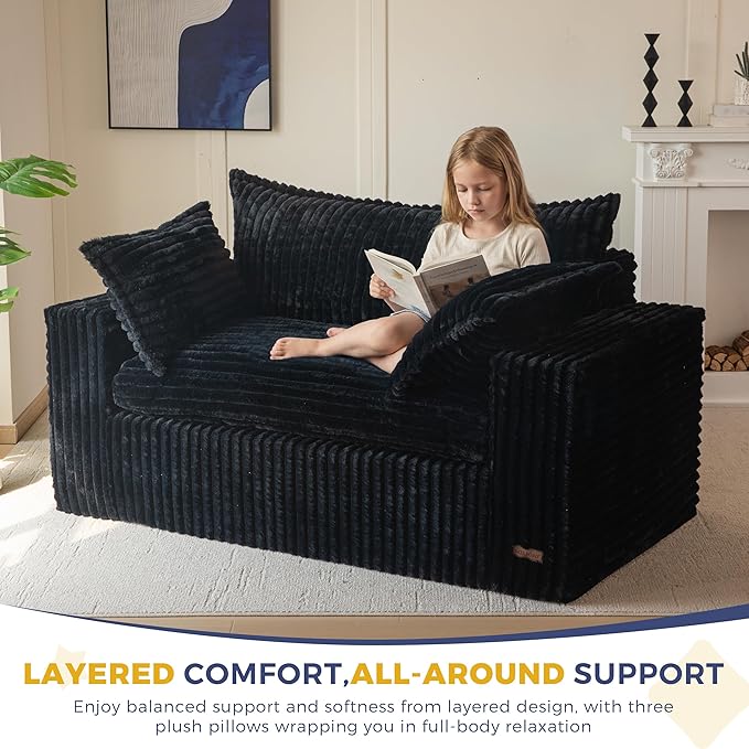 MAXYOYO 59" Bean Bag Sofa Couch, Loveseat Boneless Couch in a Box, Upholstered Small Mini Sofa with Deep Seating for Living Room Bedroom Office Apartment, No Assembly, Black