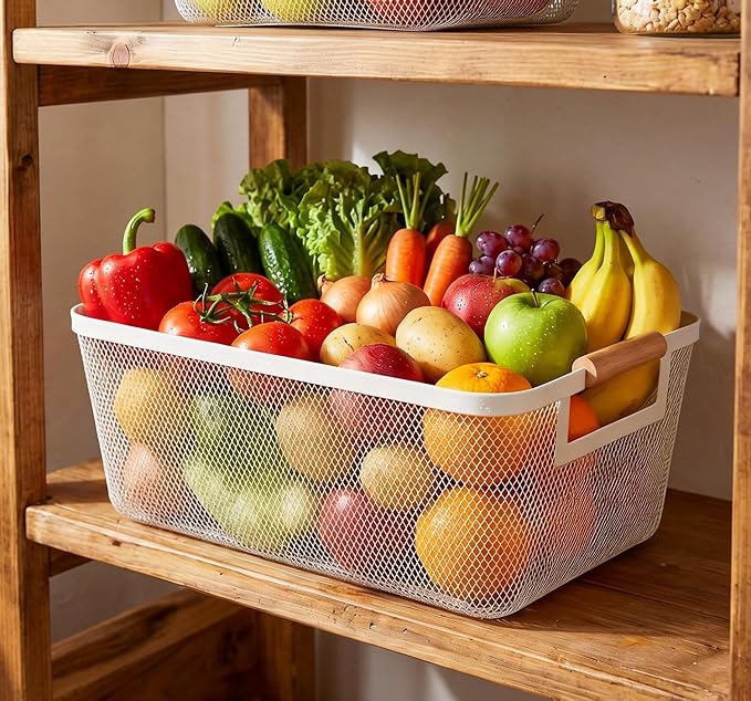 2-Pack Metal Mesh Basket, Medium Wire Storage Organizer with Wood Handle for Kitchen Pantry, Bathroom, Cabinet, Closet, Picnic & Home Organization , Medium, White