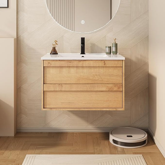 eclife 30" Floating Bathroom Vanity Sink Combo, Wall Mounted Modern Minimalist Storage Cabinet with 2 Drawers, Include Sink, Faucet & Drain, Natural