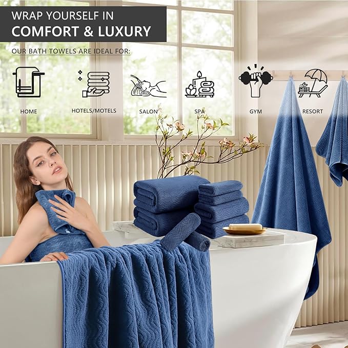 8 Piece Bath Towel Set Navy — 2 Oversized Large Bath Sheet,2 Hand Towels,4 Washcloths — Ultra Soft Cozy Bath Towel Set for Bathroom Hotel Gym Spa,Highly Absorbent & Quick Dry Bathroom Towel Collections