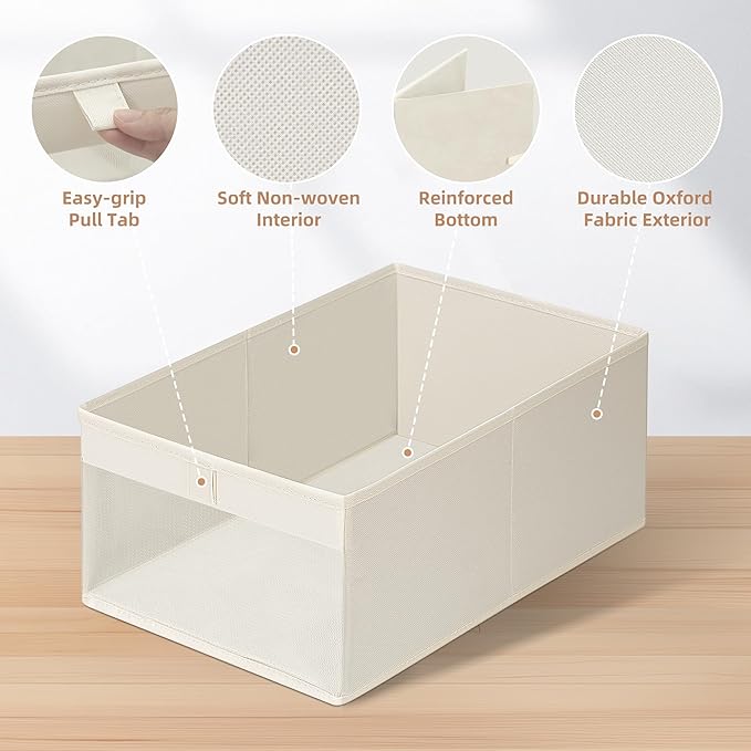 STORAGE MANIAC 4 Pack Storage Bins with Clear Window, Storage Boxes for Shelves, Sturdy Foldable Closet Organization Fabric Shelf Basket for Toy, Towel, Book, Jeans, Offices, Dorm, Wardrobe, Beige